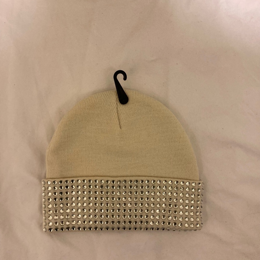 Kurt Geiger Cream Beanie with Metallic Stud Accents - Picture 3 of 3
